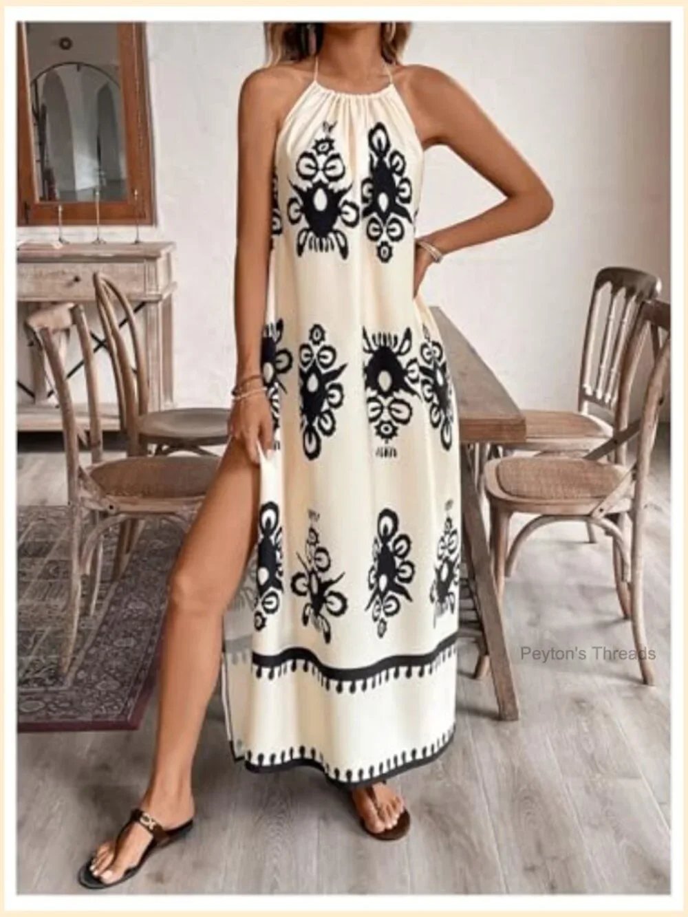 Boho Backless Halter Maxi Dress Floral Tie Back Split Flowy Summer - Picture 4 of 5